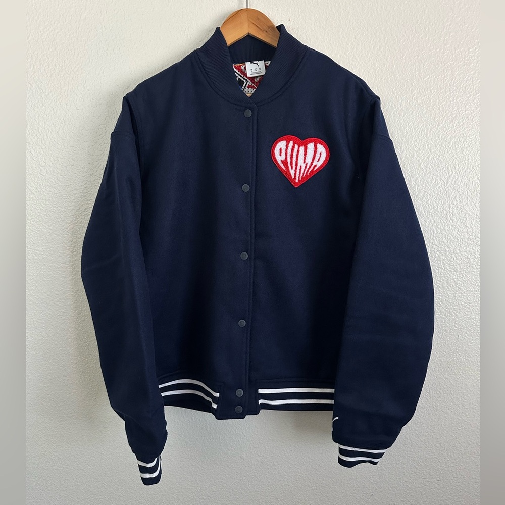 Puma College Logo Wool Varsity Jacket Navy Hearts Sticker Pack Men's Size XL